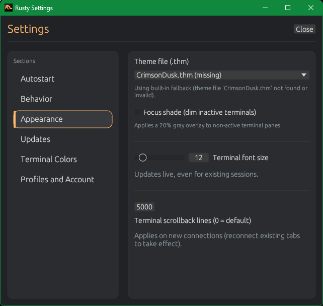 Rusty settings appearance section