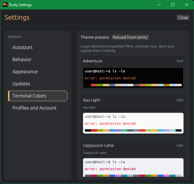 Rusty terminal colors settings page